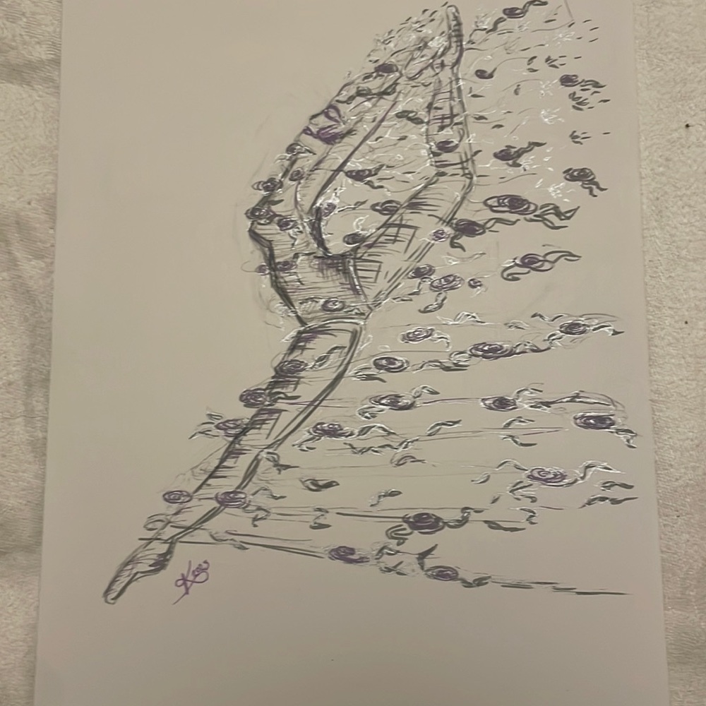 Unframed Original Art Dance Illustration Motion w Flowers Drawing in Ink